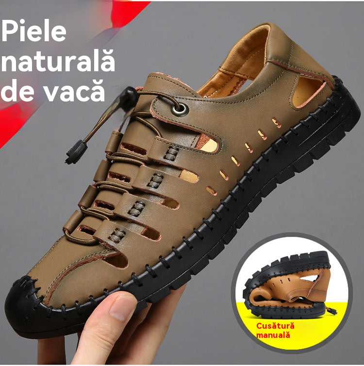 🌟👞 【39-44】Sandale de plajă bărbătești din piele naturală, cu vârful închis și gol, de vară.