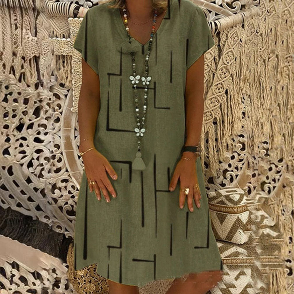 🔥✨【S-5XL】Rochie nouă din bumbac și in, cu decolteu în V, cu imprimeu ✅Prăgător cu pielea și moale✅La modă și casuale