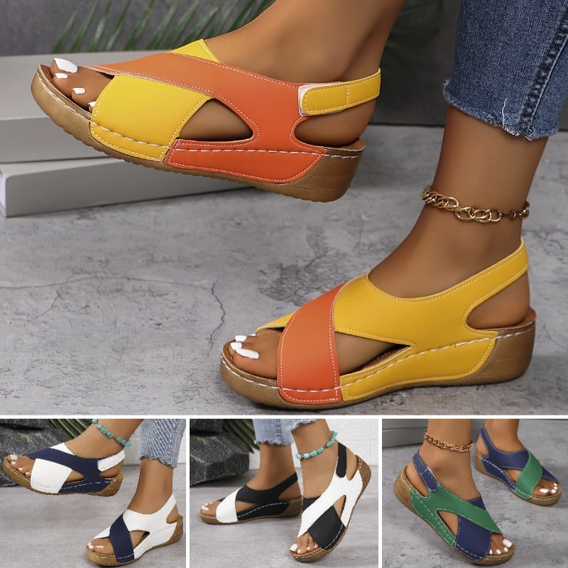 💕🎁【36-43】 Sandalias de cuña en contraste para mujer Sandalias cómodas con tira en el tobillo_3990685