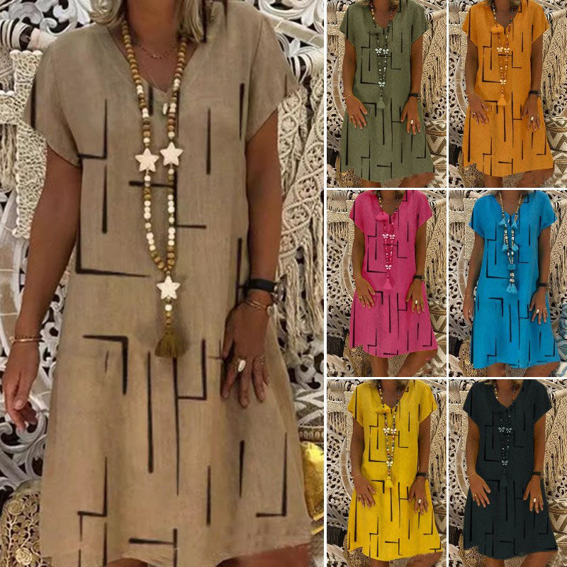 🔥✨【S-5XL】Rochie nouă din bumbac și in, cu decolteu în V, cu imprimeu ✅Prăgător cu pielea și moale✅La modă și casuale