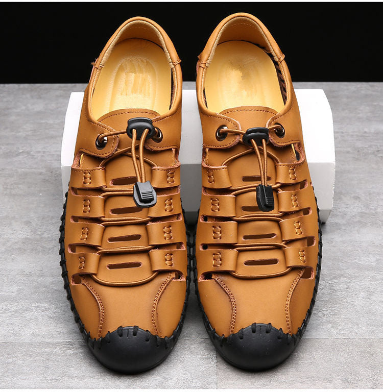 🌟👞 【39-44】Sandale de plajă bărbătești din piele naturală, cu vârful închis și gol, de vară.