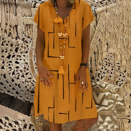 🔥✨【S-5XL】Rochie nouă din bumbac și in, cu decolteu în V, cu imprimeu ✅Prăgător cu pielea și moale✅La modă și casuale