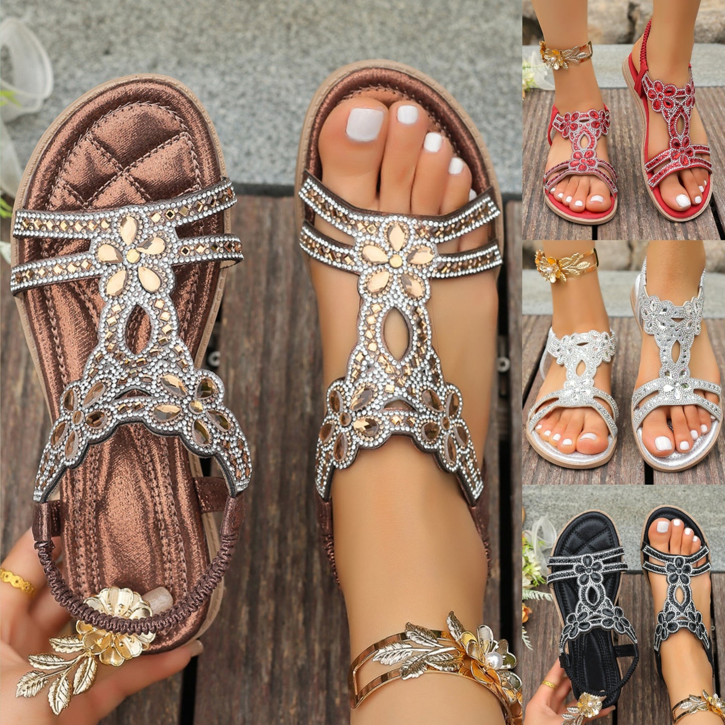👡❤️【36-43】2025 Sandale plate cu strasuri boeme
