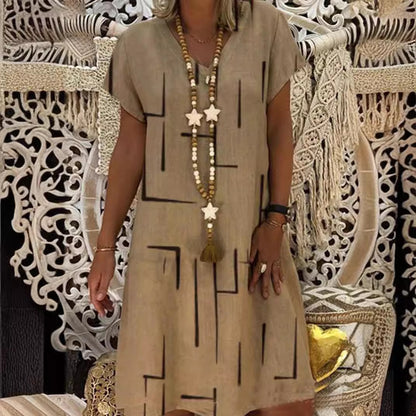 🔥✨【S-5XL】Rochie nouă din bumbac și in, cu decolteu în V, cu imprimeu ✅Prăgător cu pielea și moale✅La modă și casuale