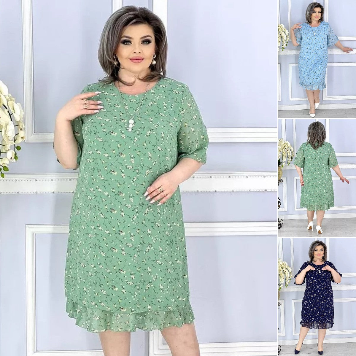 💥👗💕【S-5XL】Rochie elegantă cu imprimeu floral mic de înaltă calitate