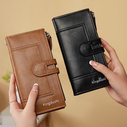 👜 [Reducere pe timp limitat]Portofel retro pentru femei din piele naturală, cu slot pentru mai multe carduri, cu fermoar dublu