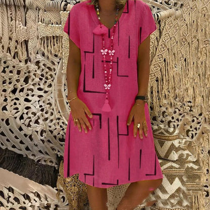 🔥✨【S-5XL】Rochie nouă din bumbac și in, cu decolteu în V, cu imprimeu ✅Prăgător cu pielea și moale✅La modă și casuale