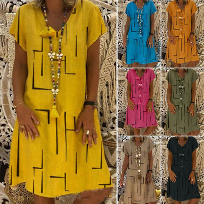 🔥✨【S-5XL】Rochie nouă din bumbac și in, cu decolteu în V, cu imprimeu ✅Prăgător cu pielea și moale✅La modă și casuale